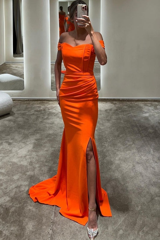 Orange Off-the-shoulder Prom Dress Backless Spit Long Women Dress
