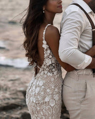 Elegant Lace Backless Mermaid Wedding Dress with Long V-neck and Floral Details