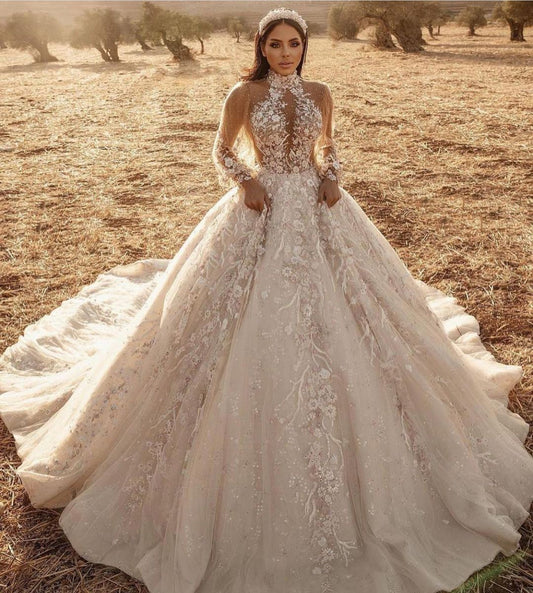 Elegant A-Line Tulle Wedding Gown with High Neck, Long Sleeves, and Lace Appliques
