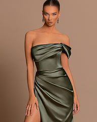 Charming Sage Green Evening Dress Off the Shoulder Sleeveless Slit Pleated