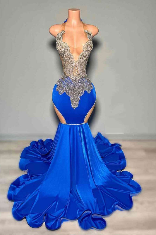 Stunning Royal Blue Sleeveless Prom Dress Mermaid Long With Beadings