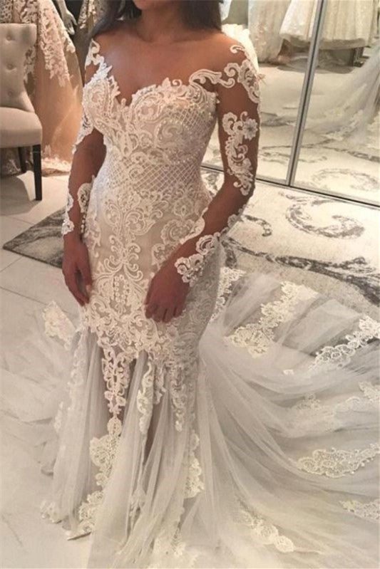 Mermaid Wedding Dress with Off-the-Shoulder Long Sleeves, Beads, and Lace Appliques