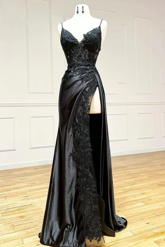 Black Lace Printed Prom Dress Long with High Slit