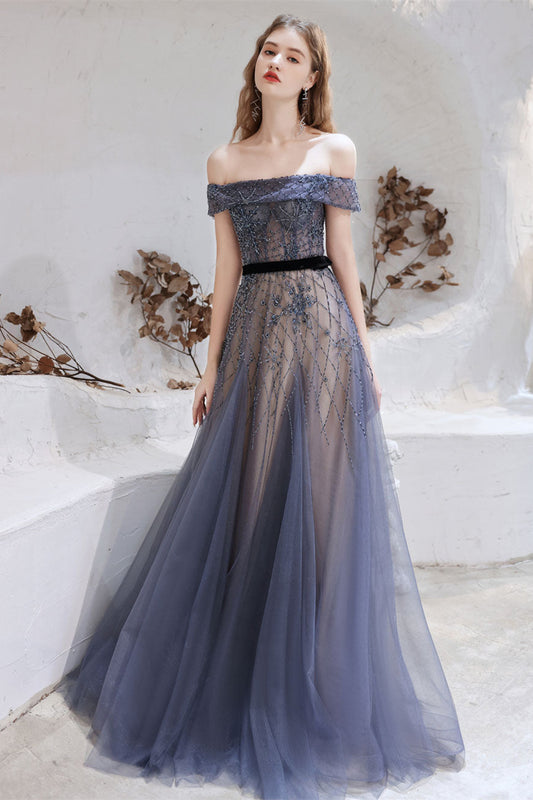 Gorgeous Off-the-Shoulder Tulle Prom Dress With Beadings Online