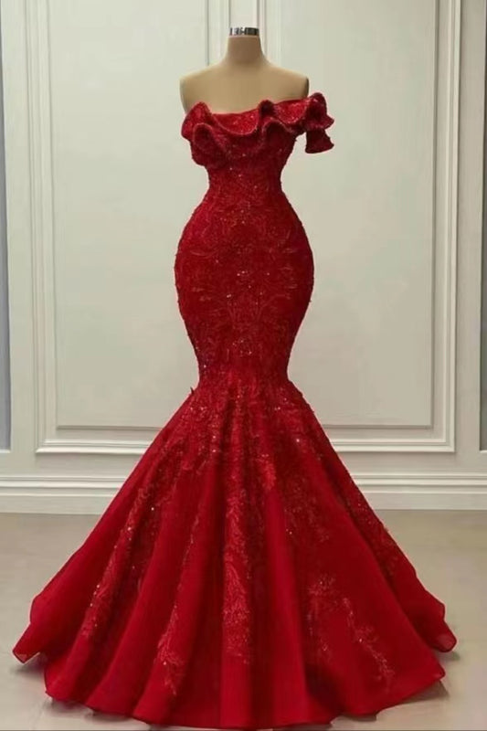Red Elegant Strapless Mermaid Sequins Prom Dress On Sale
