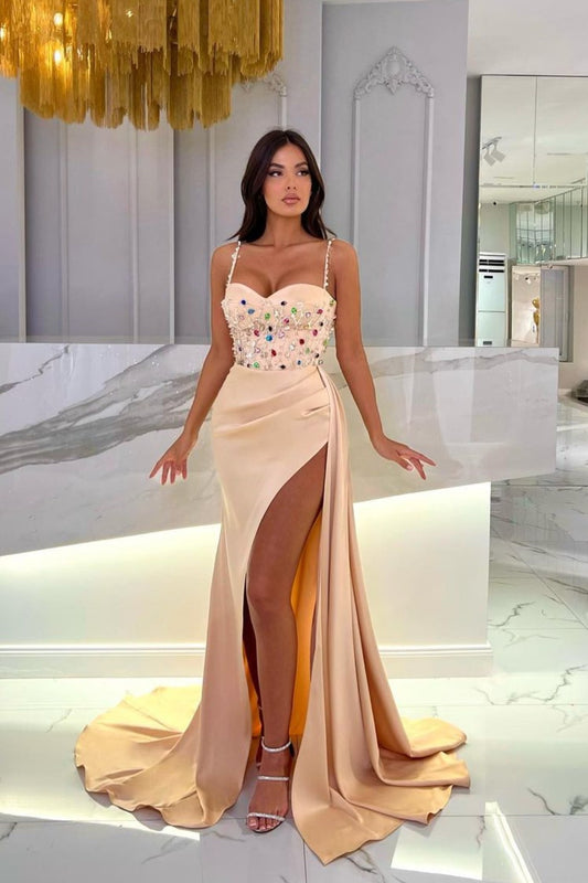 Modern Spaghetti-Straps Sweetheart Mermaid Prom Dress Beaded With Split