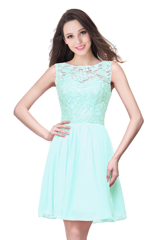 Stylish Scoop Neck Chiffon Short Homecoming Dress Sleeveless Floral Lace Mini Party Dress - Mint / US 2 - Prom Dresses